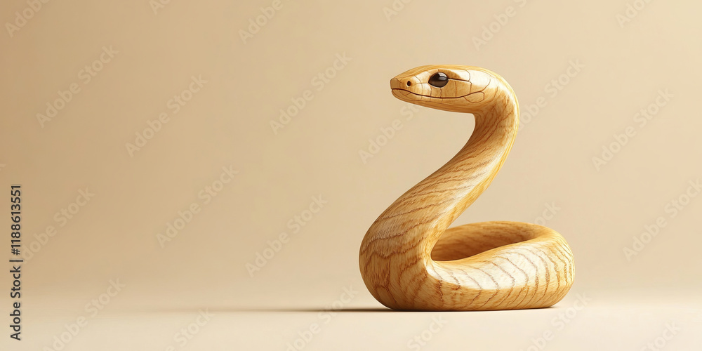 Fototapeta premium A wooden snake figurine with visible grain patterns sits against a beige background, blending minimalism with natural charm, ideal for versatile creative and cultural applications.