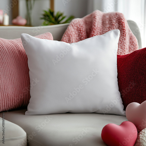 White, blank square throw pillow mockup on the sofa with red and pink heart-shaped Valentine's Day decor in the background, high resolution, clear details, professional photography photo