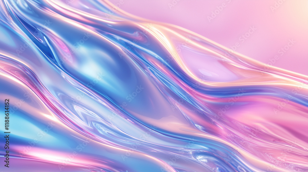 Fototapeta premium Iridescent glowing metallic abstract waves in pink and blue tones background