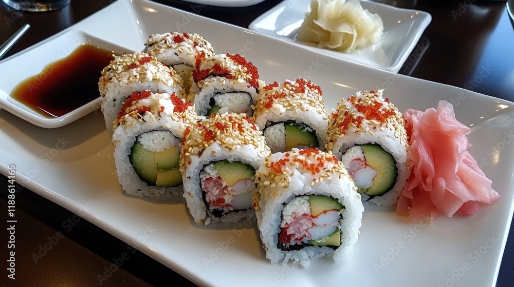 A delicate sushi platter featuring maki rolls with cucumber, avocado, and crab, served with a side of soy sauce A delicate sushi platter featuring maki rolls with cucumber, avocado, and crab, served with a side of soy sauce