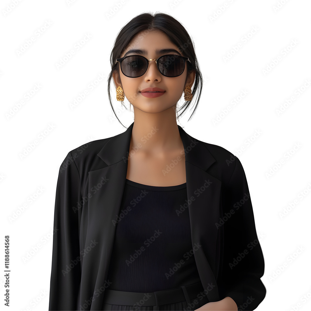 Front view of an extremely beautiful young Indian woman dressed in a tailored blazer and chic trousers, isolated on a white transparent background Front view of an extremely beautiful young Indian woman dressed in a tailored blazer and chic trousers, isolated on a white transparent background