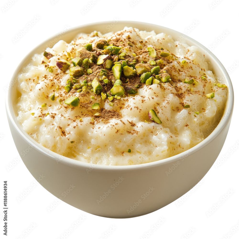 Creamy rice pudding topped with pistachios and cinnamon isolated on white or transparent PNG Creamy rice pudding topped with pistachios and cinnamon isolated on white or transparent PNG
