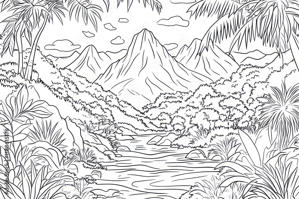 Tropical River Valley Coloring Page Tropical River Valley Coloring Page