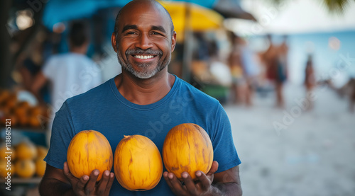 Portrait of a happy Brazilian man holding coconuts on the beach in Rio de Janeiro, Brazil, with a blurred background of street food stalls and people enjoying their summer vacation photo