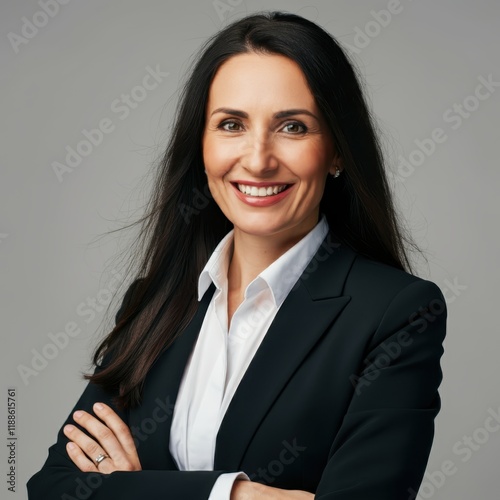 Wallpaper Mural Professional headshot, confident African American woman, business suit, white collar shirt, long straight black hair, warm smile, arms crossed, studio lighting, grey background, corporate portrait, pr Torontodigital.ca