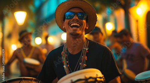 Photographs of happy young men playing hand drums on the street at night, a group with a samba male dancer wearing a black shirt and hat behind them, with light from a lamp post in