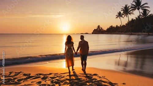 silhouette of a romantic young couple standing on the seashore, man hugging girl at sunrise on the beach, courtship on summer vacation and honeymoon