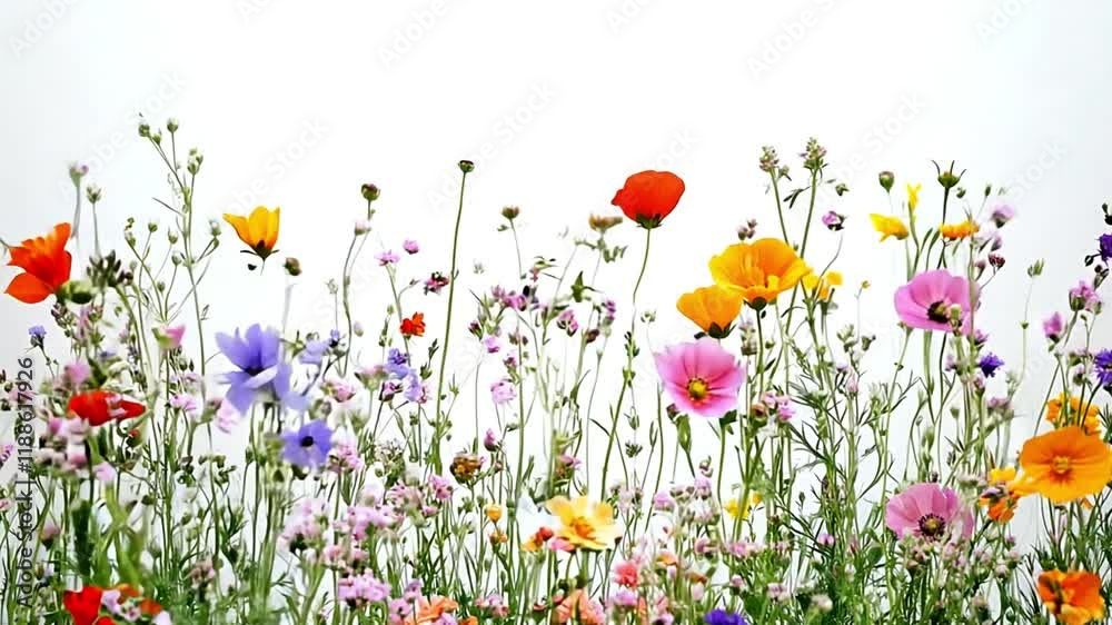 Wildflowers on white background moving in the wind. Spring Flowering wild grass and herbs isolated on white background. Border of meadow flowers wildflowers and plants. 4k video