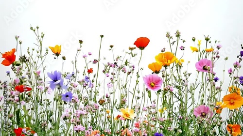 Wildflowers on white background moving in the wind. Spring Flowering wild grass and herbs isolated on white background. Border of meadow flowers wildflowers and plants. 4k video