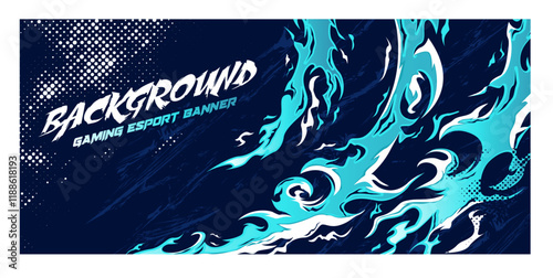 Gaming esport background striking stripes blue water wave fire ice banner flame decal livery wrap halftone pattern modern abstract grunge vector illustration design