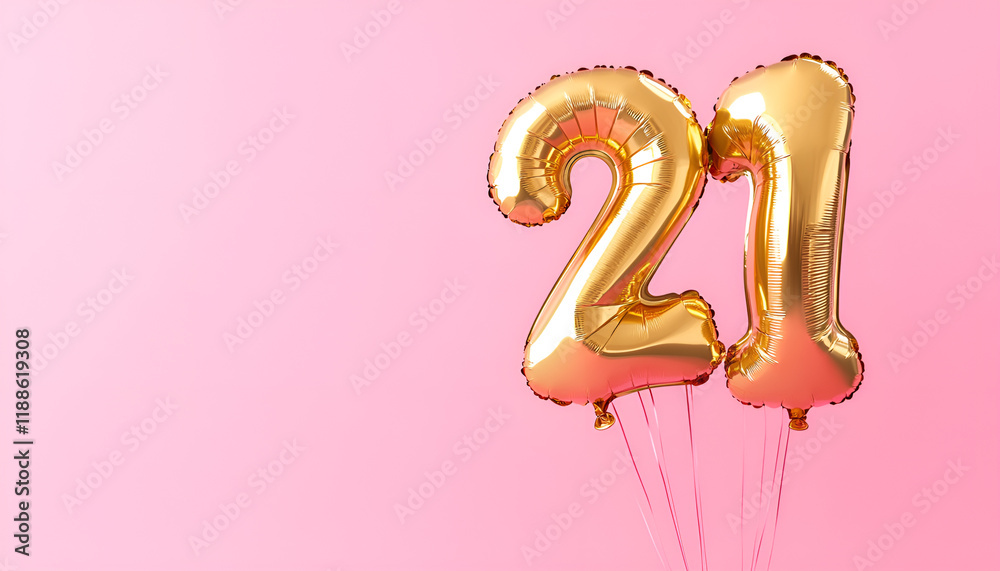 Coming of age party - 21st birthday. Number shaped balloons on pink background, space for text Coming of age party - 21st birthday. Number shaped balloons on pink background, space for text