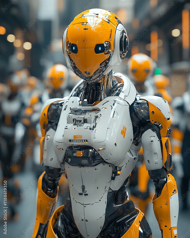 Futuristic Robots in a High-Tech Factory Setting Showcase Advanced Design During a Busy Industrial Workday Futuristic Robots in a High-Tech Factory Setting Showcase Advanced Design During a Busy Industrial Workday