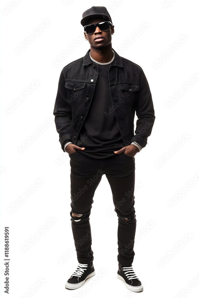 Confident Young Man in Stylish Black Outfit with Jewelry Posing Against White Background - Urban Fashion, Modern Style, and Trendy Confidence Confident Young Man in Stylish Black Outfit with Jewelry Posing Against White Background - Urban Fashion, Modern Style, and Trendy Confidence