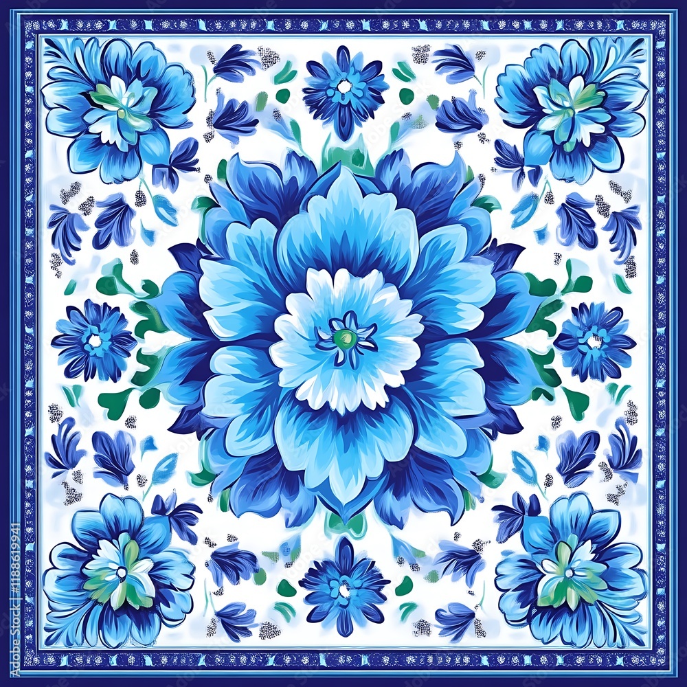 Blue Floral Pattern Square Design Featuring Intricate Flowers