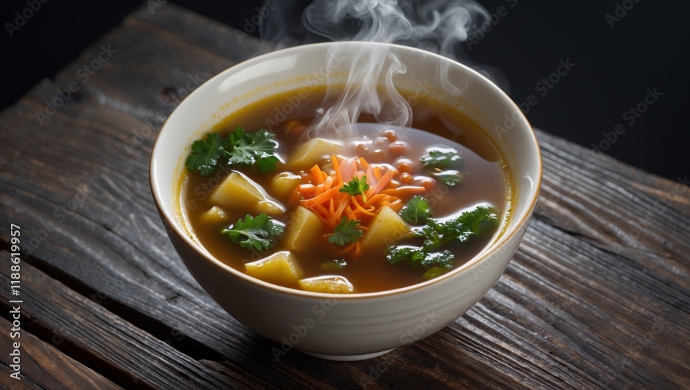 A bowl of steaming hot soup on wood A bowl of steaming hot soup on wood