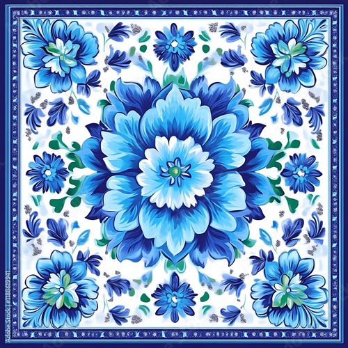 Obraz na płótnie Blue Floral Pattern Square Design Featuring Intricate Flowers w salonie