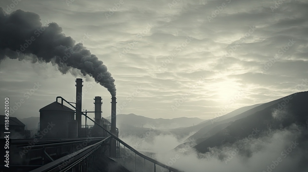 Fototapeta premium Grey sky in smoke pollution from industry chimney