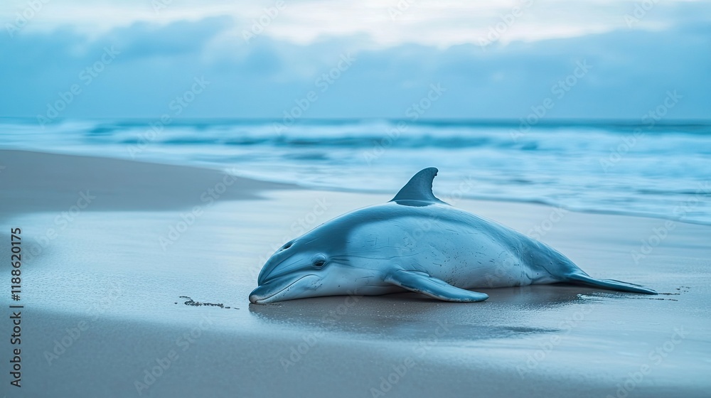 Naklejka premium Dead dolphin on the sea coast. Porpoise washed ashore on a beach.