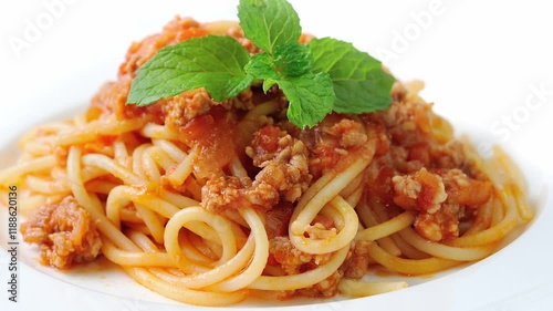Stir-fried spaghetti on a white plate on the dining table