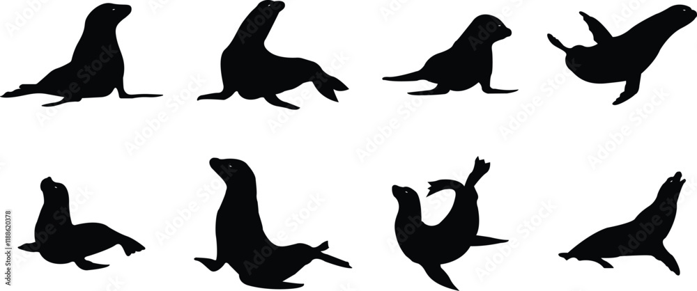 Obraz premium Sealion animal mascot silhouettes icon set. Sea lion black vector flat collection isolated on transparent background, clipart image painting design art Graphic drawing minimalist contour.