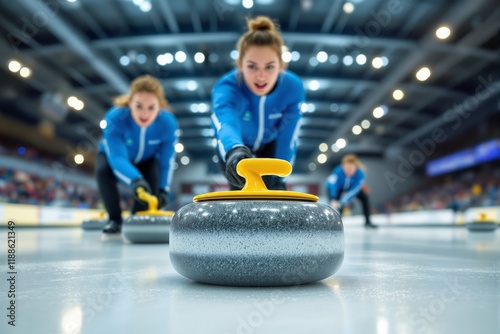 Curling team in blue uniforms in action, pushing a granite stone with yellow handle on an indoor ice rink. Sports competition concept photo