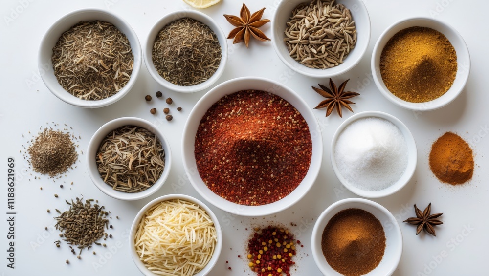 Aromatic seasonings and dry spices on white surface Aromatic seasonings and dry spices on white surface