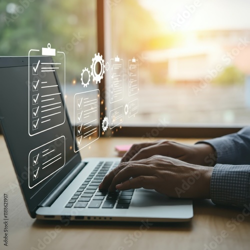 laptop at desk, hands typing, digital checklist overlay, productivity concept, blue tones, soft lighting, modern workspace, task management, virtual to-do list, technology focus, close-up shot, realis photo