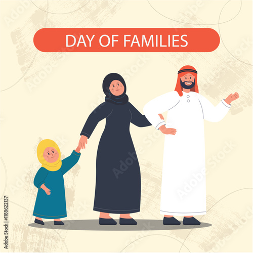 Saudi Arabic happy family parents couple kids and their son, WITH NATIONAL DRESS FLAT DESIGN VECTOR  man wearing traditional dishdash or kandura , the woman wearing the black abaya and shelya, dress