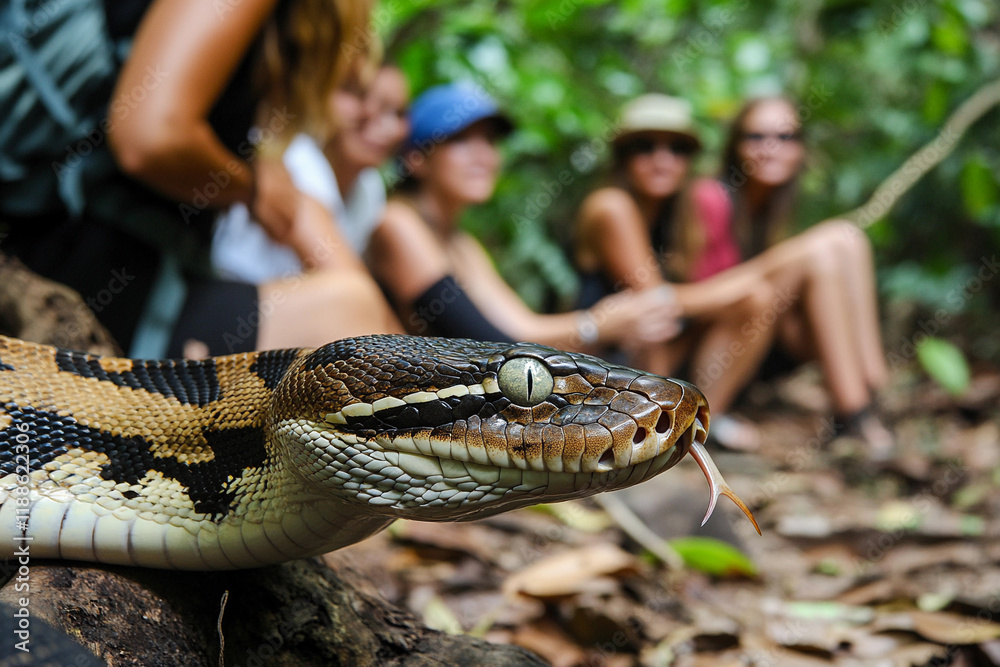 Fototapeta premium Close encounter with a snake during jungle exploration tour