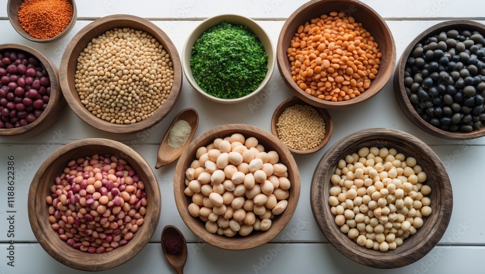 Assorted legumes displayed in rustic wooden bowls Assorted legumes displayed in rustic wooden bowls
