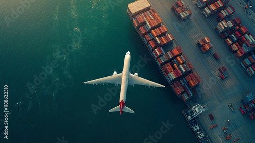 Aerial view of airplane and cargo ship in import export and transportation concept.