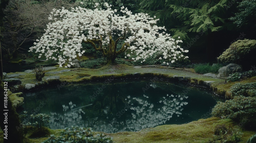Serene Garden Scene with a Blooming White Flowering Tree Reflected in Calm Water Surrounded by Lush Greenery and Tranquil Nature Serene Garden Scene with a Blooming White Flowering Tree Reflected in Calm Water Surrounded by Lush Greenery and Tranquil Nature