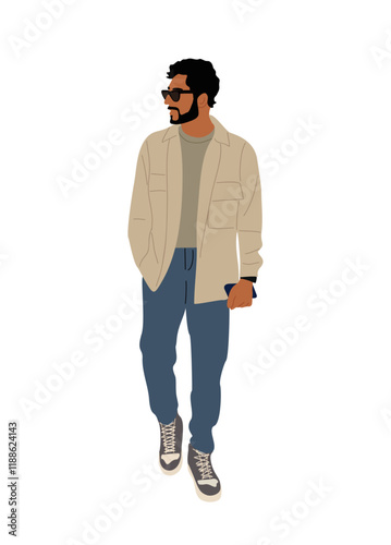 Business man in casual clothes walking front view. Handsome bearded man in sunglasses, jacket, jeans and sneakers. vector flat illustration isolated on transparent background