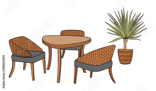 Patio furniture Set. Outdoor, porch zone, garden furniture with potted plant illustrations. Vector cozy garden yard interior elements, rattan armchairs, table isolated on transparent background