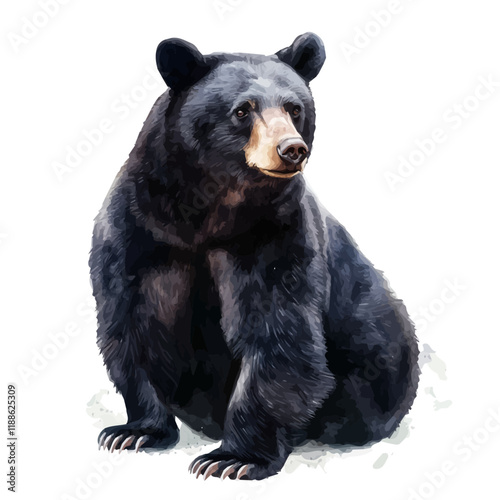 A watercolor vector painting of a black bear, isolated on a white background. Black bear vector.

