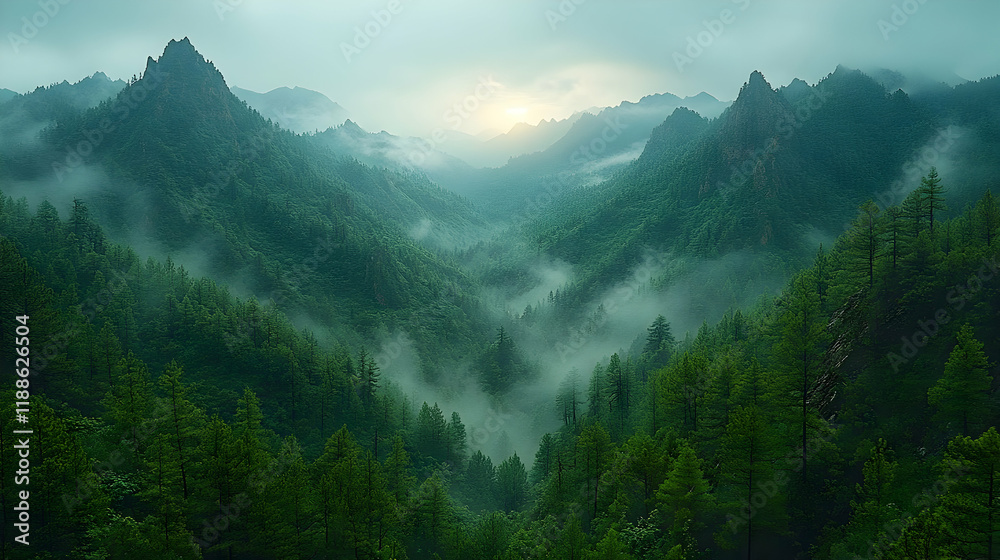 Misty Mountain Valley at Sunrise: A Serene Landscape Panorama Misty Mountain Valley at Sunrise: A Serene Landscape Panorama
