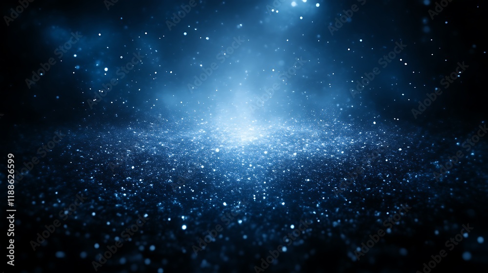 Fototapeta premium Blue Glittering Particles Illuminate Dark Background