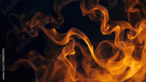 Abstract orange smoke swirls on black background, fiery texture, design element