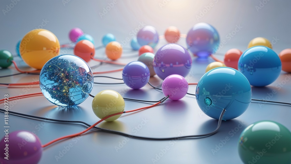 A vibrant 3D illustration of a molecular network of colorful Easter eggs, reminiscent of a festive chemistry experiment A vibrant 3D illustration of a molecular network of colorful Easter eggs, reminiscent of a festive chemistry experiment