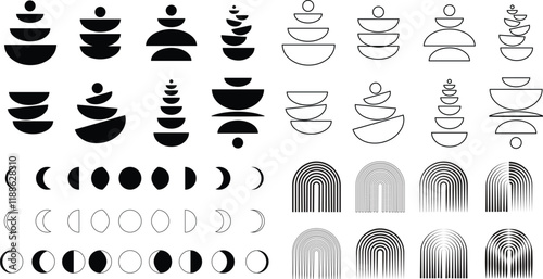 Abstract mid century modern geometric poster moon phases and rain bow icon set. Bauhaus style minimal hipster design flat line collection isolated background. Contemporary for wall decoration artwork