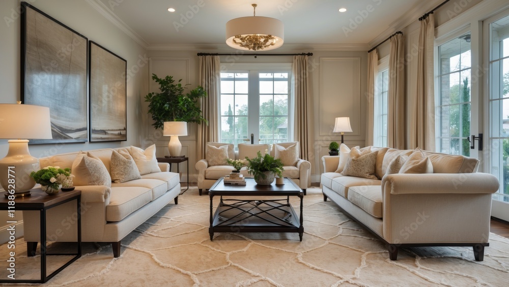 Fototapeta premium Chic living area with beige carpet and sofa