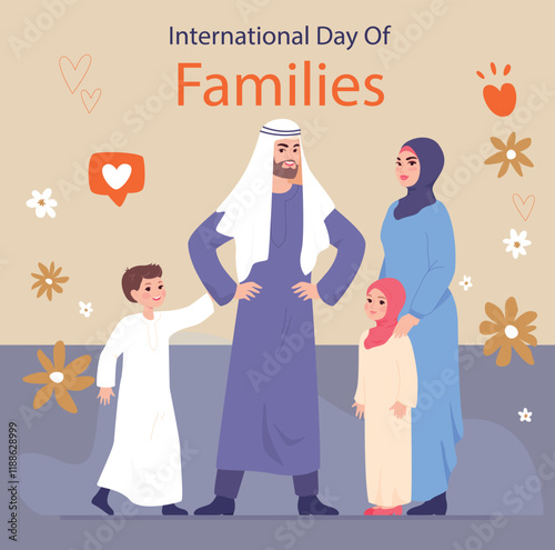 Saudi Arabic happy family parents couple kids and their son, WITH NATIONAL DRESS FLAT DESIGN VECTOR  man wearing traditional dishdash or kandura , the woman wearing the black abaya and shelya, dress