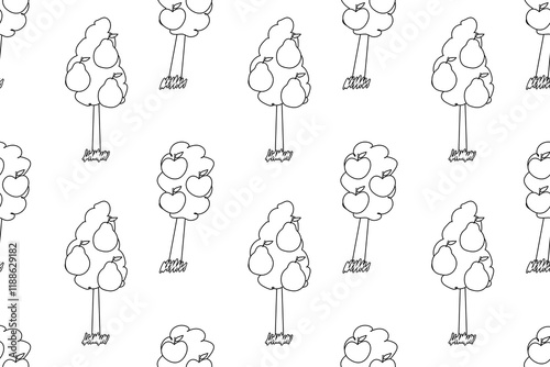 Hand-drawn seamless pattern with apple and pear trees in black and white, ideal for coloring books or activities.