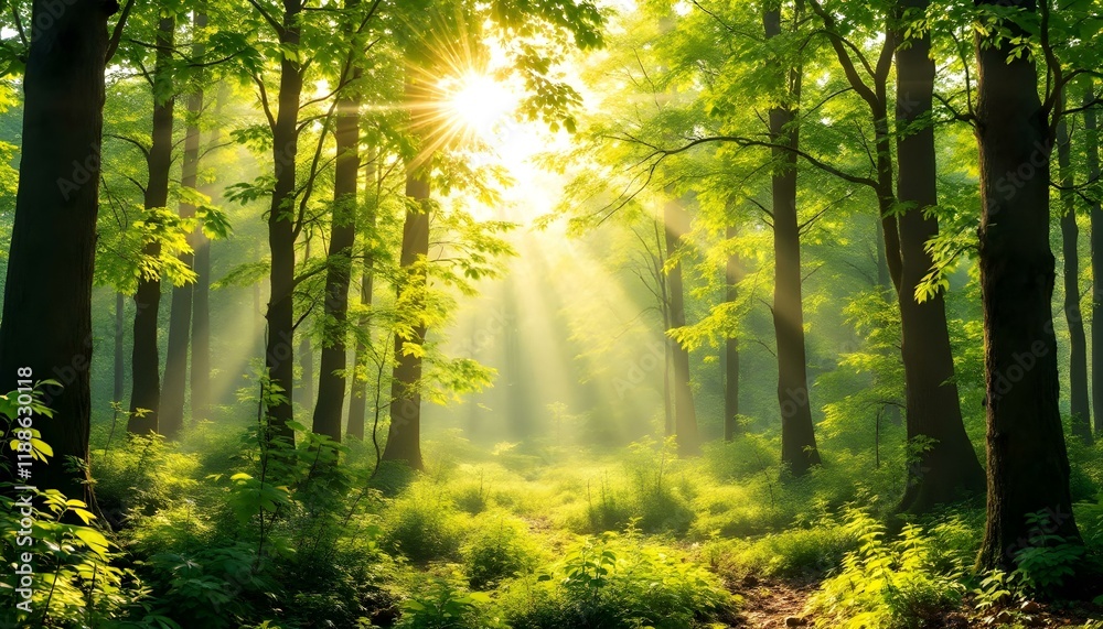 Obraz premium Golden Rays Illuminate a Tranquil Woodland