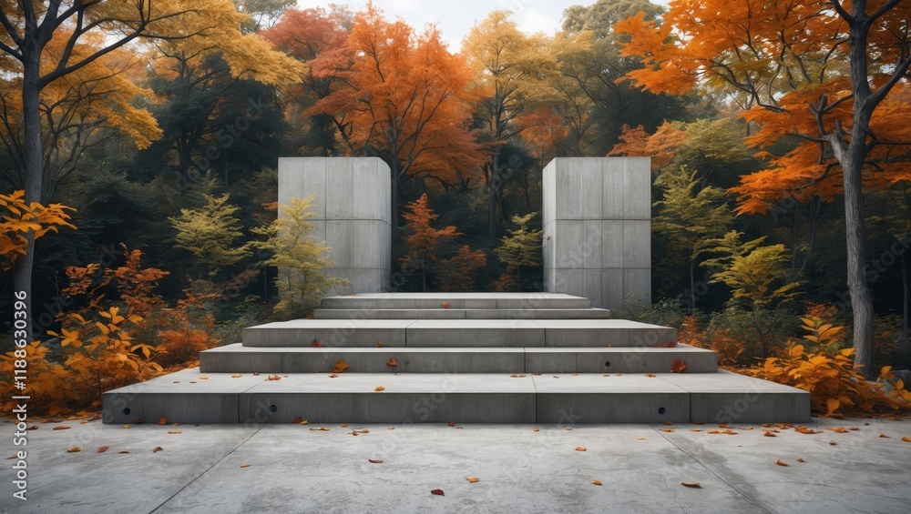 Naklejka premium Concrete podium surrounded by vibrant fall foliage