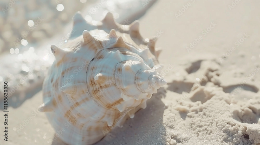 Close-up Conch Shell on Sandy Beach with White Background, Macro and Slow Motion Aesthetics. Natural Seashell Texture and Oceanic Elegance. Close-up Conch Shell on Sandy Beach with White Background, Macro and Slow Motion Aesthetics. Natural Seashell Texture and Oceanic Elegance.