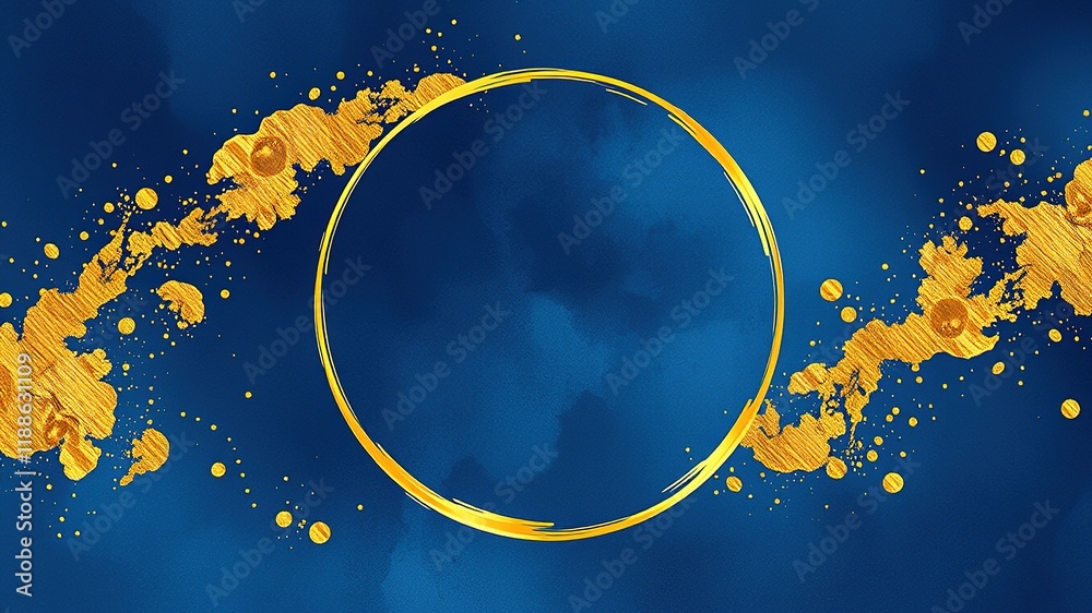 Fototapeta premium Gold Circle Frame on Dark Blue Watercolor, Golden Splatter, High-Resolution Art