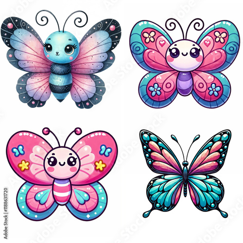 Colorful butterflies with intricate designs in a playful arrangement suitable for children's decor or art projects