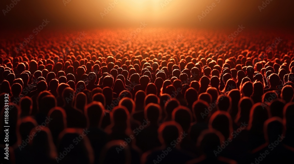 Obraz premium Silhouettes of Numerous People Gathering Against a Dazzling Sunset Horizon