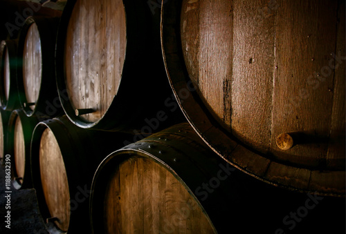 wooden barrels in the wine cellar
